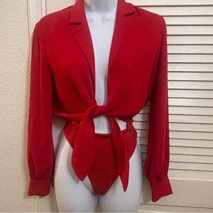 BABATON Aritzia Bodysuit XXS Red Long Sleeve Tie Front Ace Blazer Style Thong